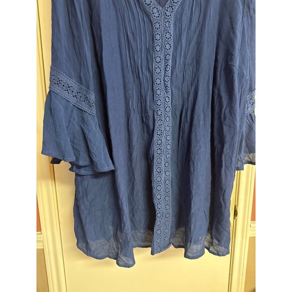 Blue Boho 30/32 Chic Eyelet Lace V-Neck Tunic Flowy Bell Sleeves & Intricate Tex - Picture 4 of 7